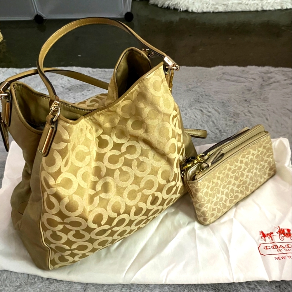 COACH Madison Phoebe Shoulder Bag. Pearlescent Beige/Gold Fabric with Leather